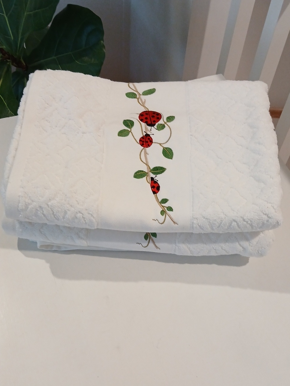 Ladybugs Bath Towels 100% Cotton Bianca Jacquard Portugal 27x49" Set Of 2